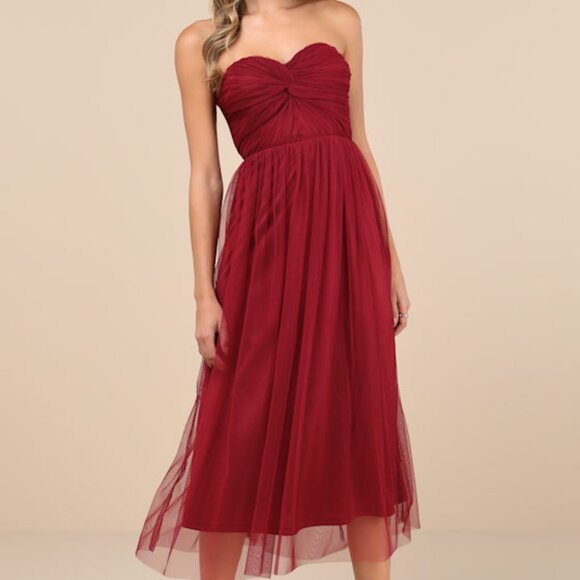 Lulus Perfect Whimsy Burgundy Mesh Strapless Midi Dress Red - Size XS - Picture 1 of 1